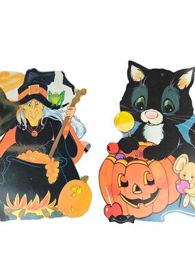 Vintage Halloween Die-Cut Decorations Cardboard Witch & Cat Pumpkin Eureka USA